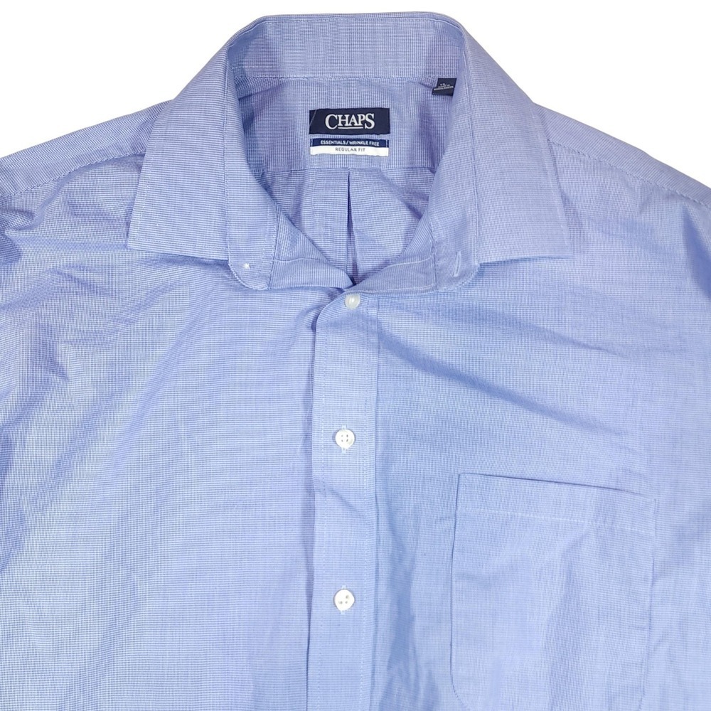 Chaps Dress Shirt Mens 17.5 34/35 Blue Check Essentials Wrinkle Free Regular Fit - Picture 2 of 9